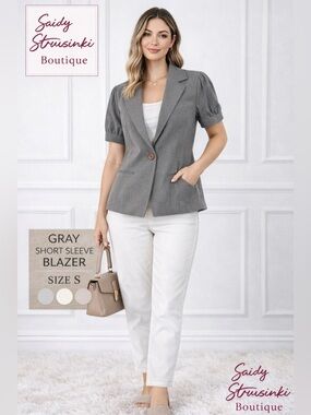 Gray Short Sleeve Blazer Jacket Puff Sleeve Button Front Work Office Chic